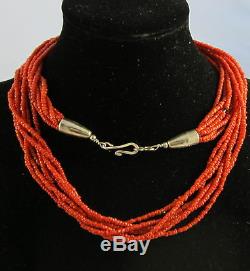 Estate Vintage Orange Coral Bead Sterling Silver Multi 7 Strand 28 Inch Necklace