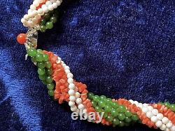 Exceptional Antique Imperial Jade Jadeite and Angelskin Coral Torsade Necklace