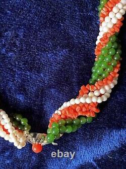 Exceptional Antique Imperial Jade Jadeite and Angelskin Coral Torsade Necklace