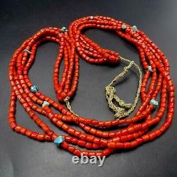 Exquisite OLD Vintage PUEBLO 5-Strand Coral GLASS TRADE BEADS Turquoise NECKLACE
