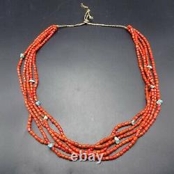 Exquisite OLD Vintage PUEBLO 5-Strand Coral GLASS TRADE BEADS Turquoise NECKLACE