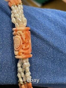 Exquisite hand strung and knotted Carved Coral, Pearl, Gold 6-String Necklace 34