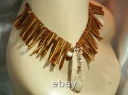 Extraordinary Genuine Pearl Jasper Golden Coral 925 Vintage 80's Necklace 770d1