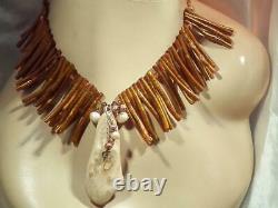 Extraordinary Genuine Pearl Jasper Golden Coral 925 Vintage 80's Necklace 770d1