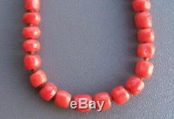 FABULOUS GEORGIAN ANTIQUE REAL BLOOD RED CORAL BARREL BEAD LONG NECKLACE 27g