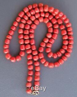 FABULOUS GEORGIAN ANTIQUE REAL BLOOD RED CORAL BARREL BEAD LONG NECKLACE 27g