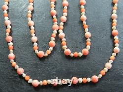 FINE 9ct GOLD CLASP PEARL & CORAL BEAD NECKLACE C. 1960 34 inch