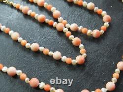 FINE 9ct GOLD CLASP PEARL & CORAL BEAD NECKLACE C. 1960 34 inch