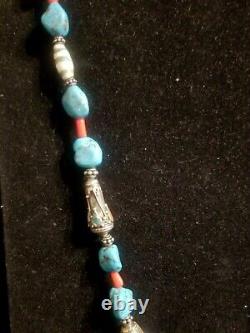 FINE OLD TURQUOISE CORAL BEAD NECKLACE STERLING SILVER PENDANT w STONES & SHEEP