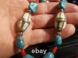 FINE OLD TURQUOISE CORAL BEAD NECKLACE STERLING SILVER PENDANT w STONES & SHEEP