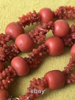 Fabulous Antique Rare Carved Red Coral Bead Necklace Gold Clasp Large Beads