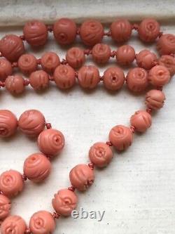 Fabulous Carved Long Bakelite Bead Necklace, Coral Color, Original Screw Clasp