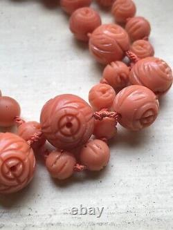 Fabulous Carved Long Bakelite Bead Necklace, Coral Color, Original Screw Clasp