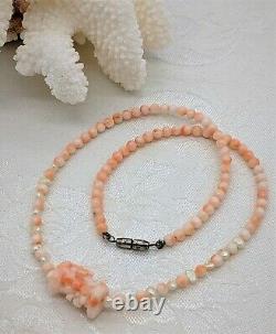 Fabulous Sterling Hand Carved Natural Angel Skin Coral & Rice Pearl Bead Neck