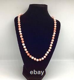 Fantastic Angel Skin Coral Bead Necklace Matinee Length Hand Knotted Silk