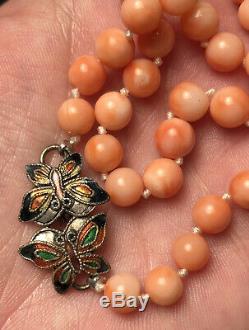 Fine Antique Angel Skin Coral Bead Necklace with Butterfly Clasp