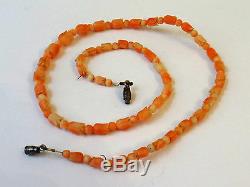 Fine Antique Angel Skin Coral Necklace Flower Carved Beads Sterling Silver Clasp