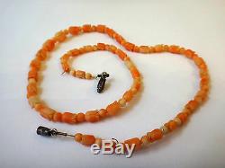 Fine Antique Angel Skin Coral Necklace Flower Carved Beads Sterling Silver Clasp