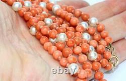 Fine Antique Victorian Double Strand Carved Coral Bead Necklace w 9ct Gold Clasp