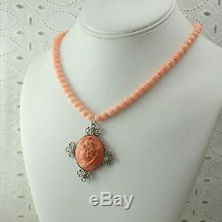 Fine Vintage 5mm Coral Bead Sterling Silver High Relief Resin Cameo 19 Necklace