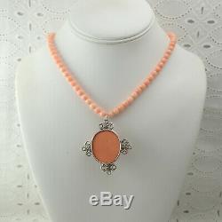 Fine Vintage 5mm Coral Bead Sterling Silver High Relief Resin Cameo 19 Necklace