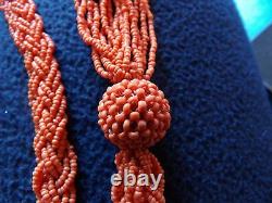 Finest Victorian Long Coral Plait Necklace Tiny Hand Carved Beads Sautoir