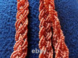 Finest Victorian Long Coral Plait Necklace Tiny Hand Carved Beads Sautoir