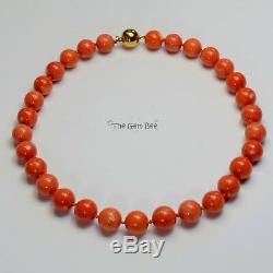 GIA 18K Gold Large Japanese Momo Orange Red Coral Round Sphere Bead 17 Necklace