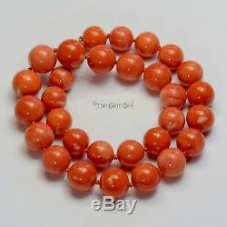 GIA 18K Gold Large Japanese Momo Orange Red Coral Round Sphere Bead 17 Necklace