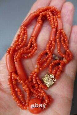 GORGEOUS, CHUNKY, ANTIQUE REAL CARVED CORAL BEAD MULTI STRAND NECKLACE 23g