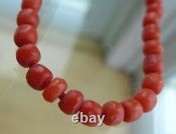 GORGEOUS, CHUNKY, LONG, ANTIQUE REAL CARVED CORAL BARREL BEAD NECKLACE 26g