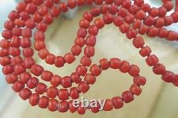 GORGEOUS, CHUNKY, LONG, ANTIQUE REAL CARVED CORAL BARREL BEAD NECKLACE 26g