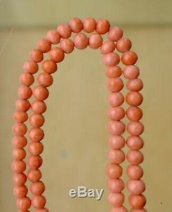 GORGEOUS, LONG, CHUNKY, ANTIQUE REAL CARVED SALMON CORAL BEAD NECKLACE 25g