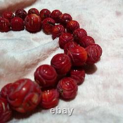 Genuine 13x16mm Victorian Vintage Red Carved Coral Round Gemstone Beads Necklace