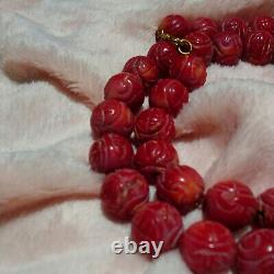 Genuine 13x16mm Victorian Vintage Red Carved Coral Round Gemstone Beads Necklace