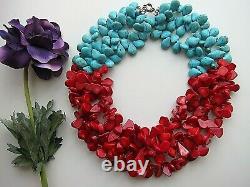 Genuine, Red Coral Branches Gem-stone & Turquoise, Chunky Beaded Necklace