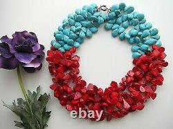 Genuine, Red Coral Branches Gem-stone & Turquoise, Chunky Beaded Necklace