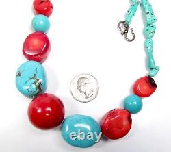 Genuine Turquoise & Red Coral Large Bead Vintage Necklace Sterling Silver Clasp