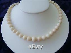 Genuine White Coral Graduated Bead Necklace 26 Long, 14K. Yellow Gold Clasp