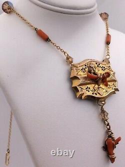 Gold Filled Victorian Glass Bead Enameled Coral Ornate Necklace 19.5