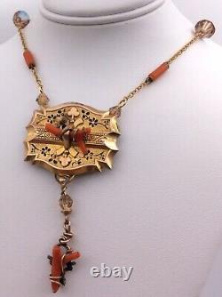 Gold Filled Victorian Glass Bead Enameled Coral Ornate Necklace 19.5