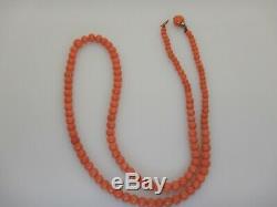Good Antique Coral Necklace Barrel Bead Clasp 18 inch