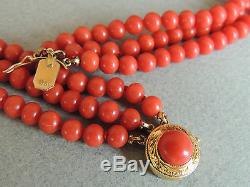 Gorgeous Natural Red Coral Bead Necklace 18k Gold Clasp 87 GRAMS