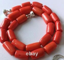Gorgeous Salmon Colour Coral Necklace & Earrings, Cylinder Beads. 16 1/2 Long