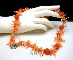 Gorgeous Vintage Natural Untreated Beaded Coral Necklace Silver Tone