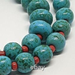 Gorgeous vintage faux turquoise bead necklace glass red coral 925 clasp