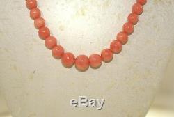 Graduated Genuine Natural Pink Coral Round Bead 14k Yellow Gold Necklace 18.5