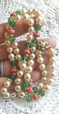 HASKELL Faux Pearls Green Côtelé & Coral Glass Beads Gold Gilt Brass Necklace