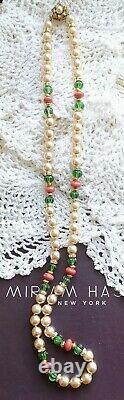 HASKELL Faux Pearls Green Côtelé & Coral Glass Beads Gold Gilt Brass Necklace