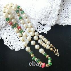 HASKELL Necklace 24 Faux Pearl Green Côtelé & Coral Glass Beads Gold Gilt Brass